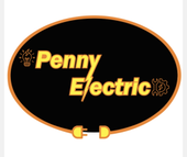 Logo for Penny Electric: Black oval with gold text and accents; features a lightbulb, lightning bolt, gear, and plug.