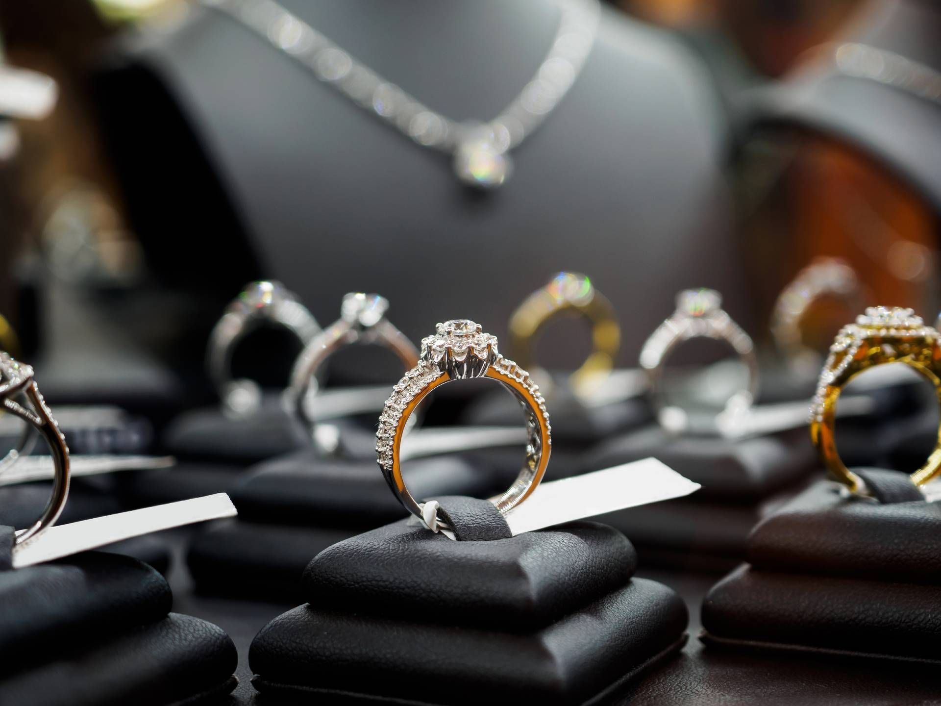 Jewelry display case with rings on black stands, a necklace, and other jewelry; shallow depth of field.