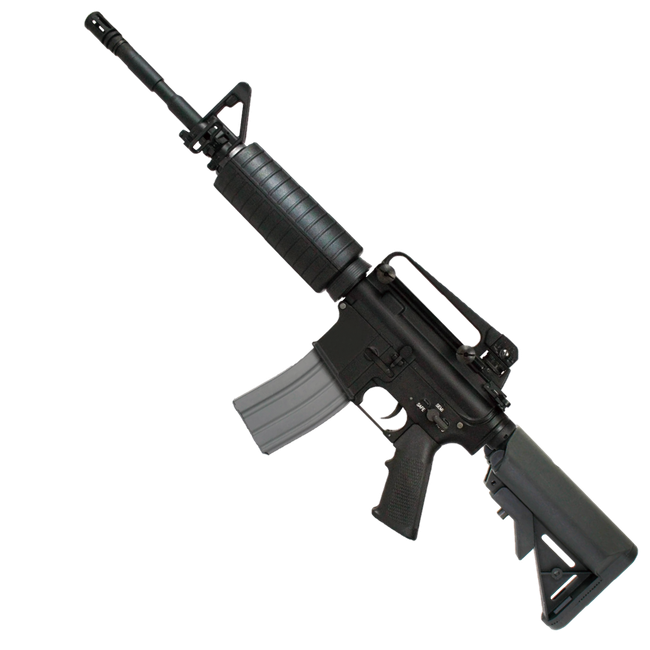 Black M4 carbine rifle with a gray magazine, angled on white background.