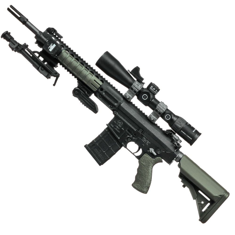 Black and green sniper rifle with scope, bipod, and magazine.