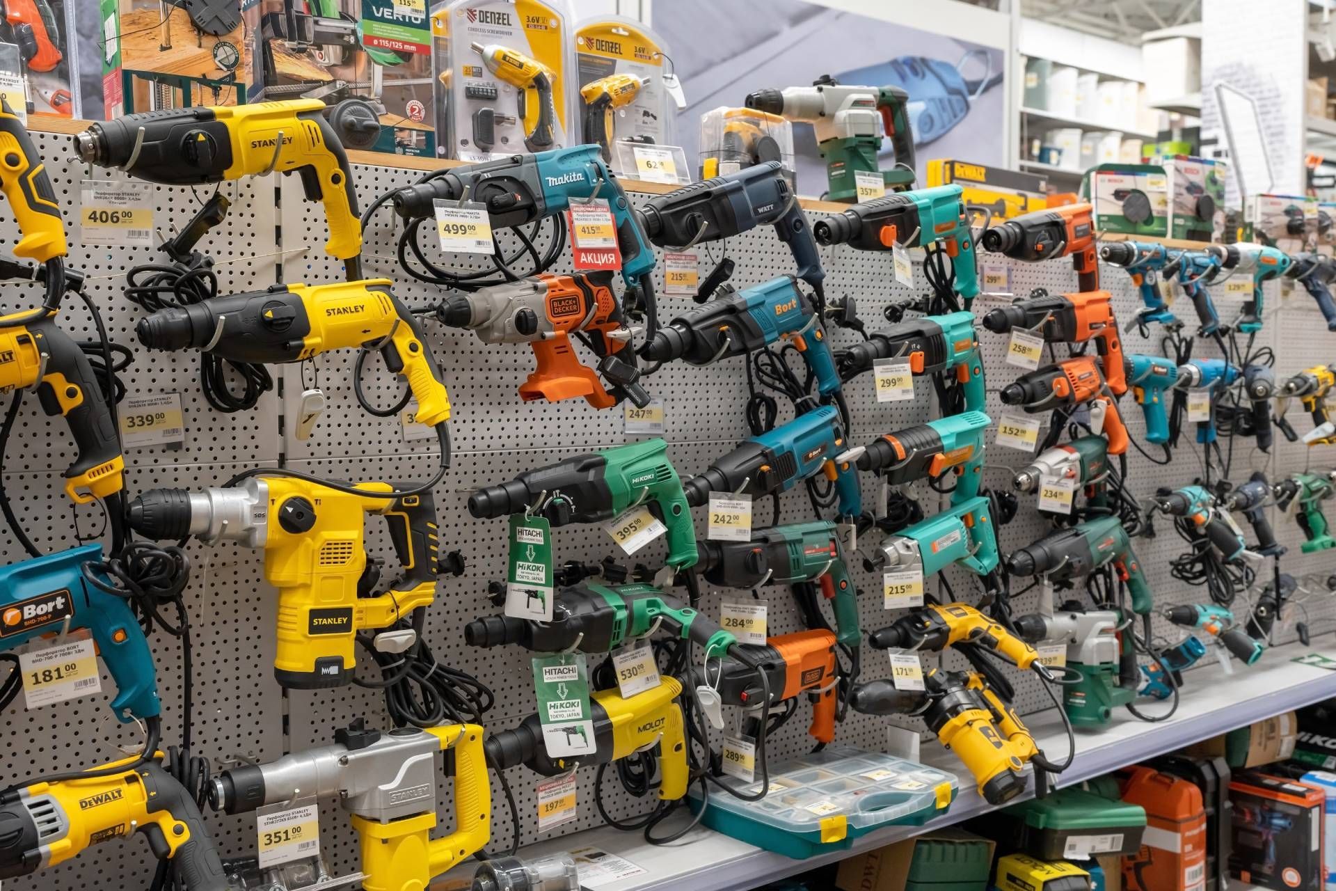 Tools and equipment displayed on shelves in a hardware store.