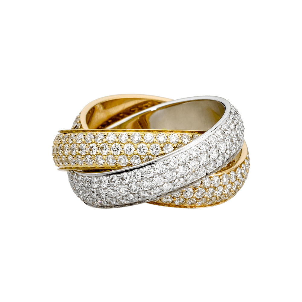 Diamond-studded Cartier Trinity ring in yellow gold, white gold, and rose gold bands, intertwined.