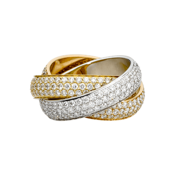 Diamond-studded Cartier Trinity ring in yellow gold, white gold, and rose gold bands, intertwined.