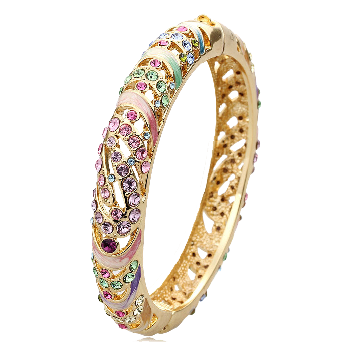 Gold bangle bracelet with colorful gems and enamel details.