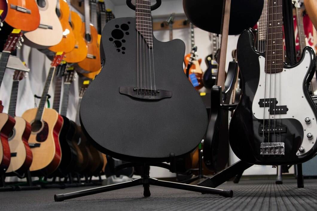 Black acoustic guitar on a stand, with other guitars in the background in a music store.