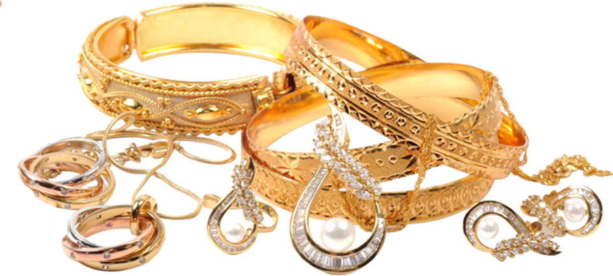 Gold jewelry: bracelets, rings, earrings, and a necklace displayed against a white background.