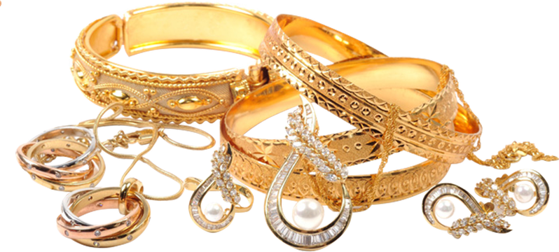 Gold jewelry: bracelets, rings, earrings, and a necklace displayed against a white background.