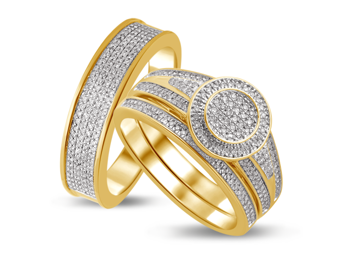Gold wedding rings set with small diamonds.