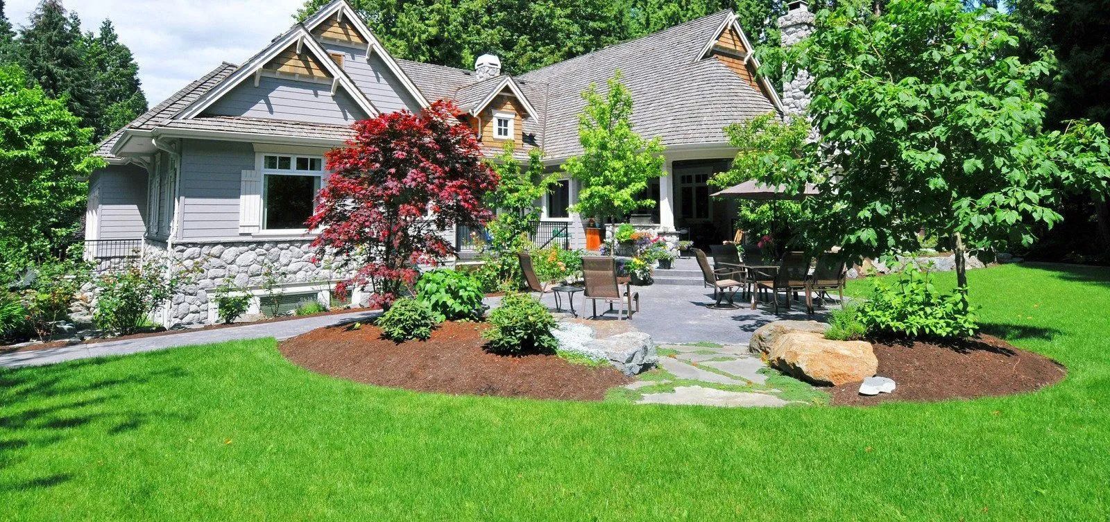 House with a lush green lawn, red tree, and stone patio surrounded by trees.