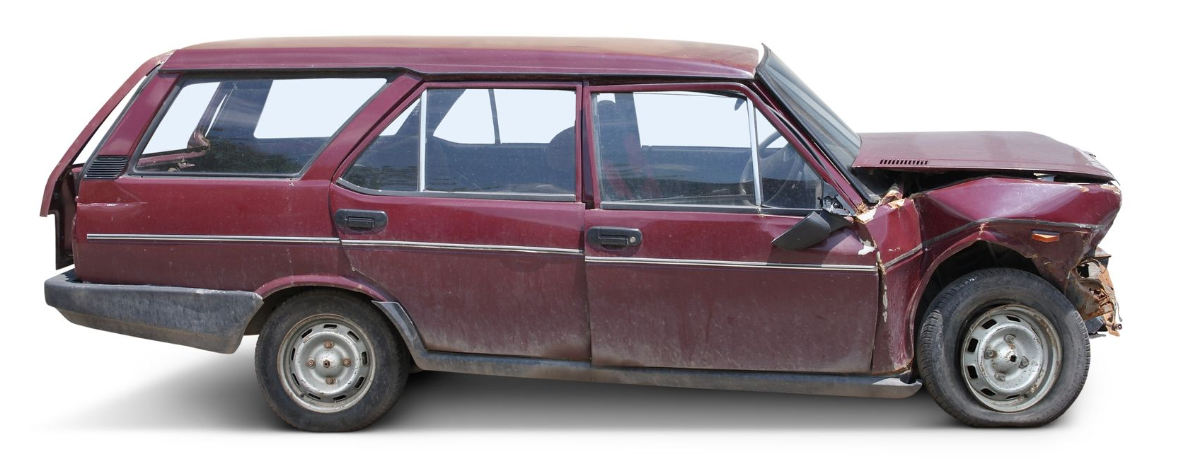 A maroon station wagon with severe front-end damage.