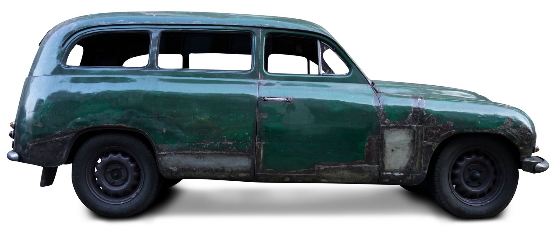 Green, rusty vintage station wagon. Black tires and rims.