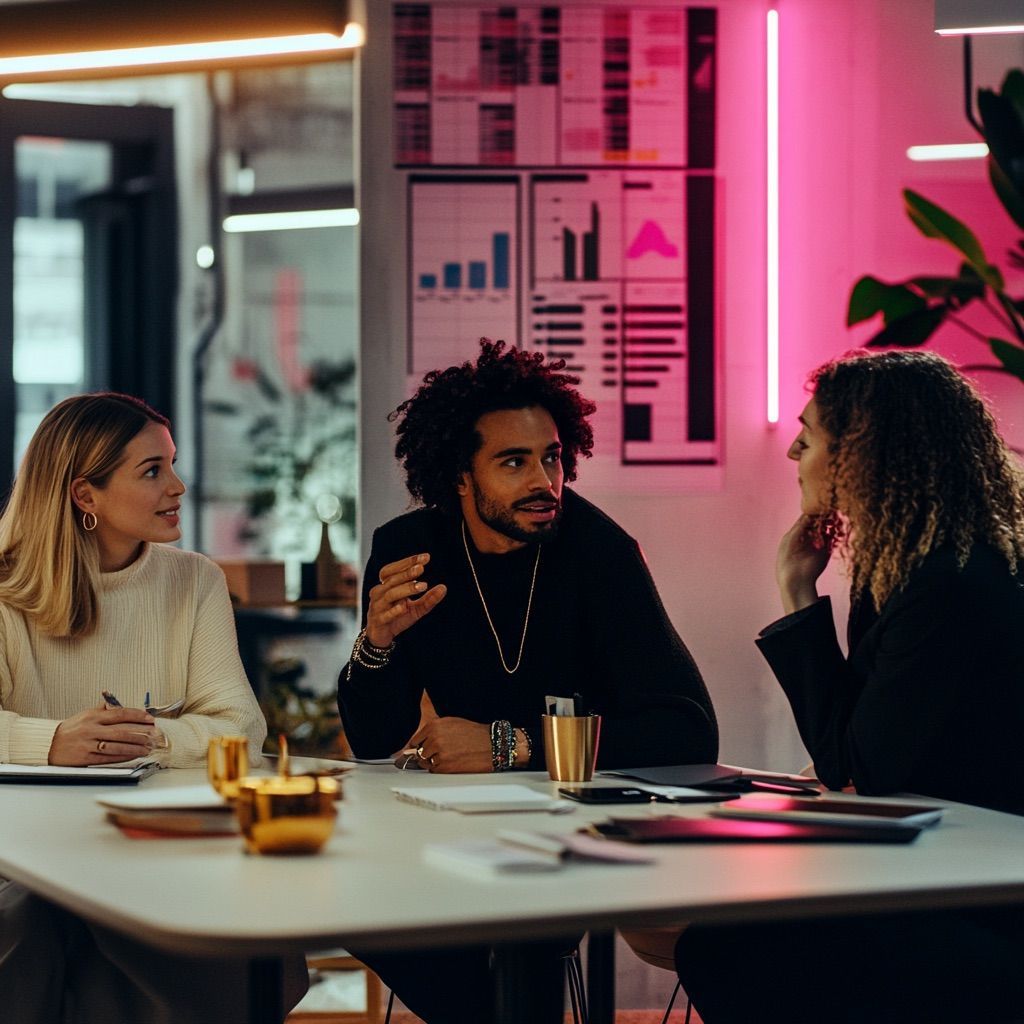 picture of 3 people talking business in a desk