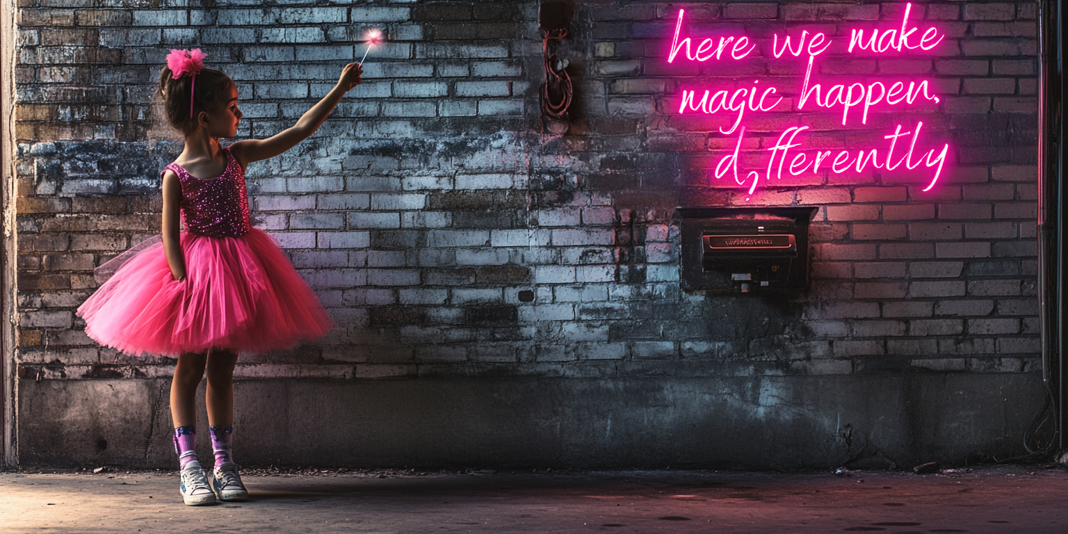 Imagine with a ballerina lighting up a wall that says here we make magic happen differently