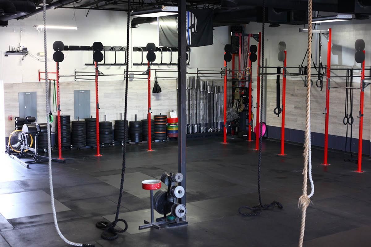 A gym with a lot of equipment and ropes hanging from the ceiling.