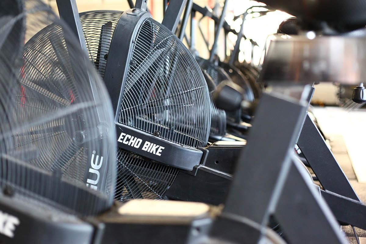 A row of echo bike exercise bikes are lined up in a gym.