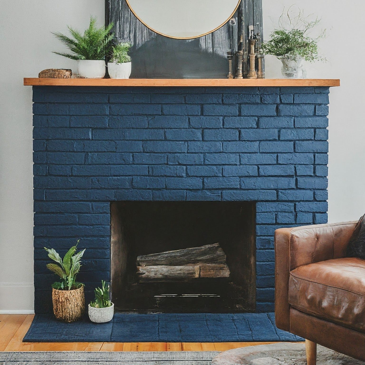 blue painted fireplace, brick painted fireplace, painted brick fireplace, brick fireplace, blue fireplace.