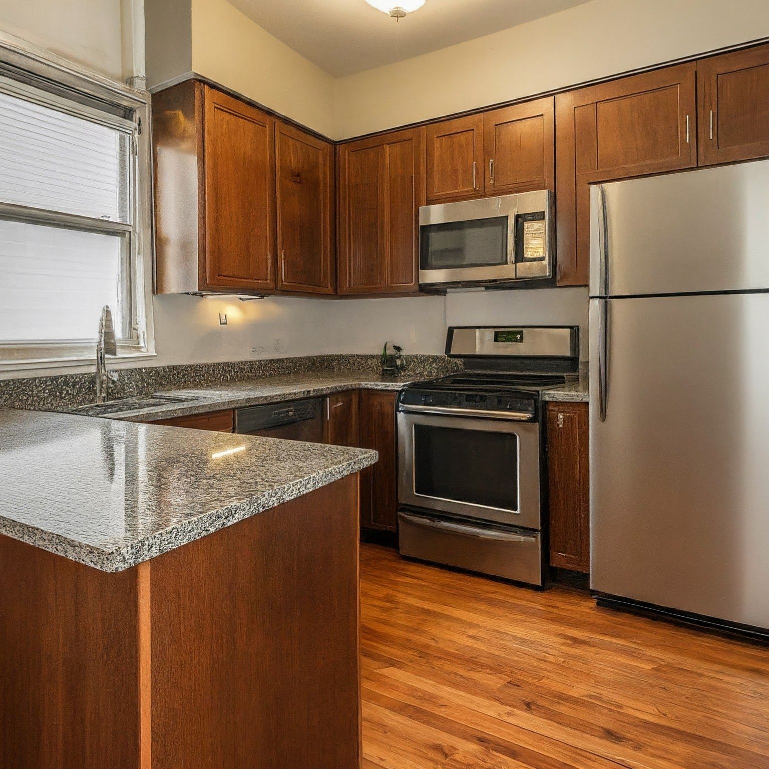 kitchen, granite countertops, stainless steel appliances