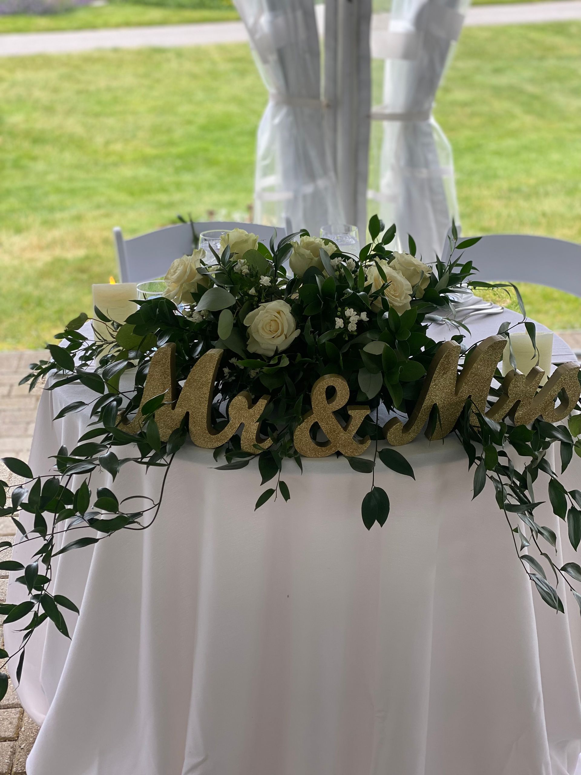 A table with flowers and a sign that says mr. and mrs. on it.