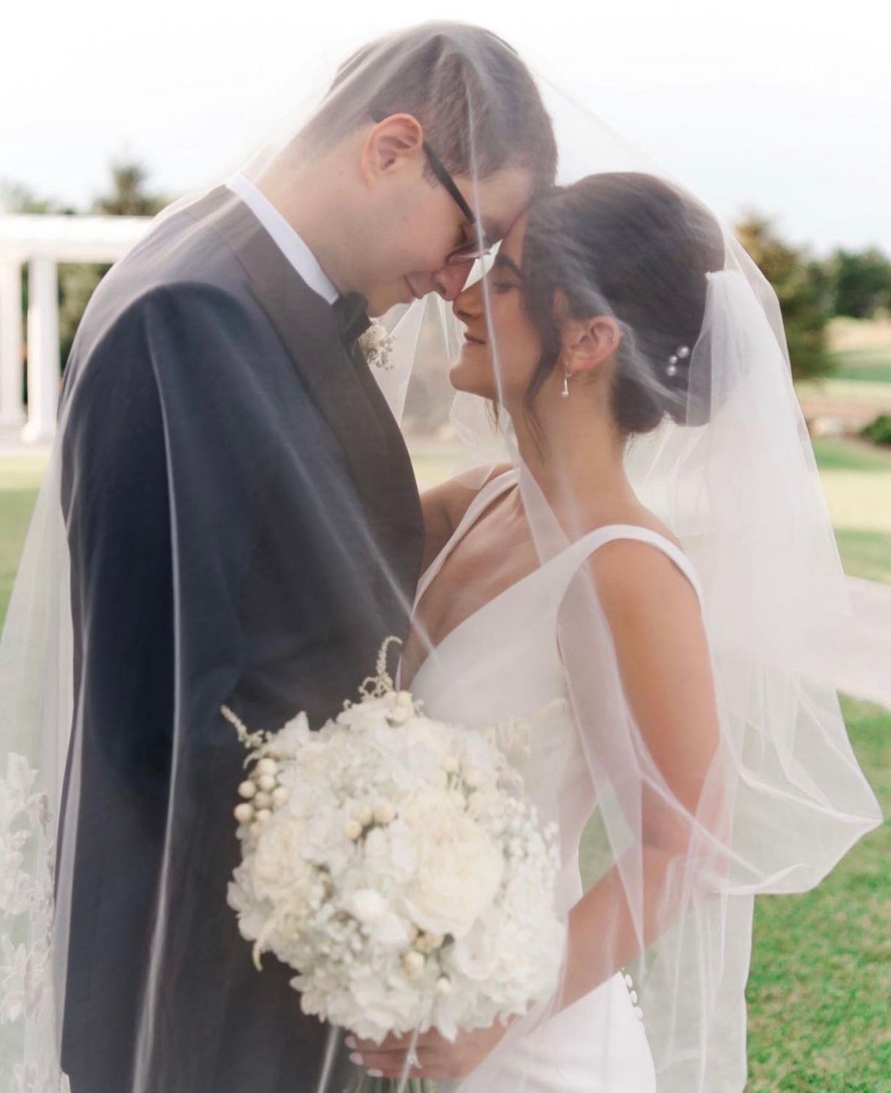 A bride and groom are kissing under a veil.