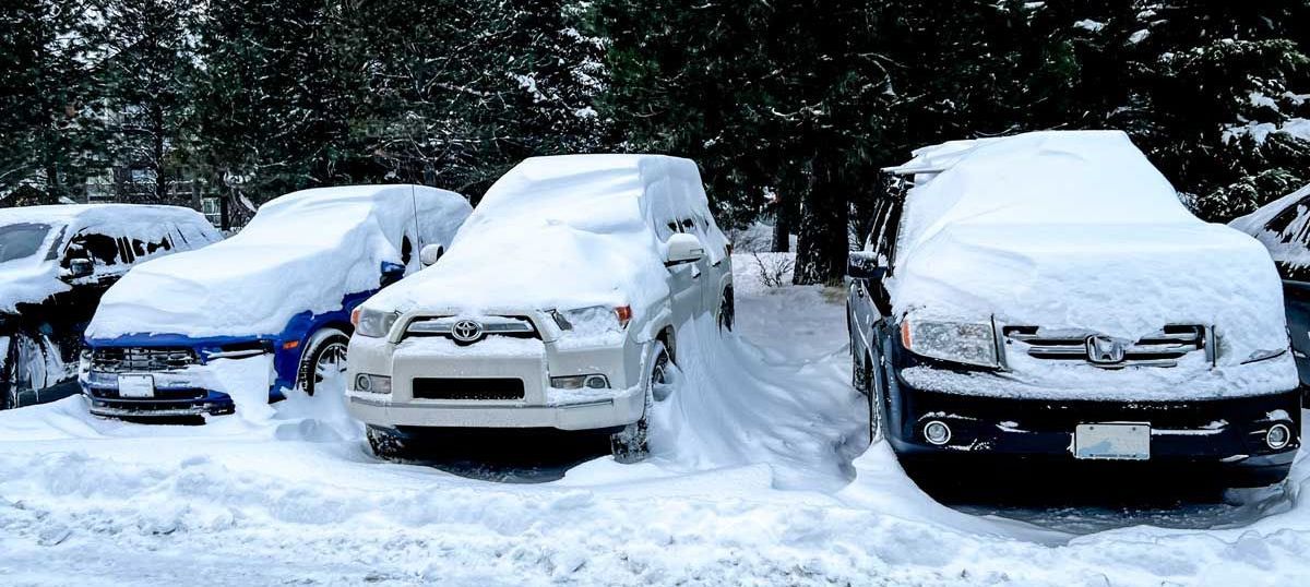 snow storm covered the cars during our testing of snow chains