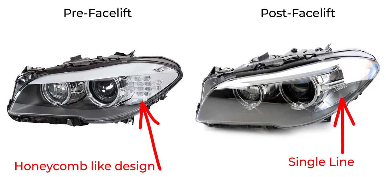 pre-facelift BMW F10 headlight comparison to post-facelift