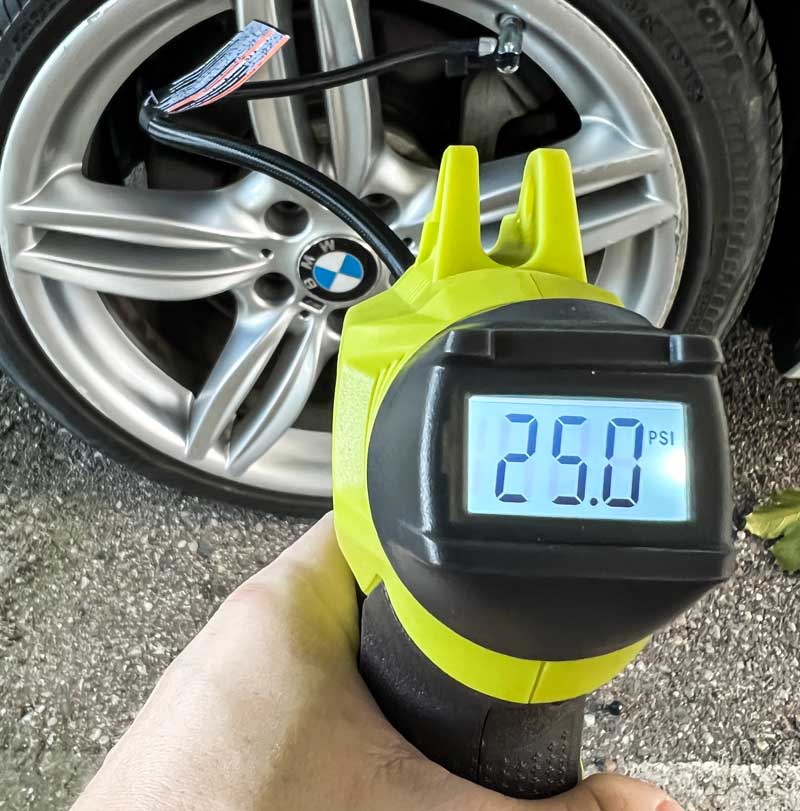 Ryobi tire inflator gauge showing tire pressure