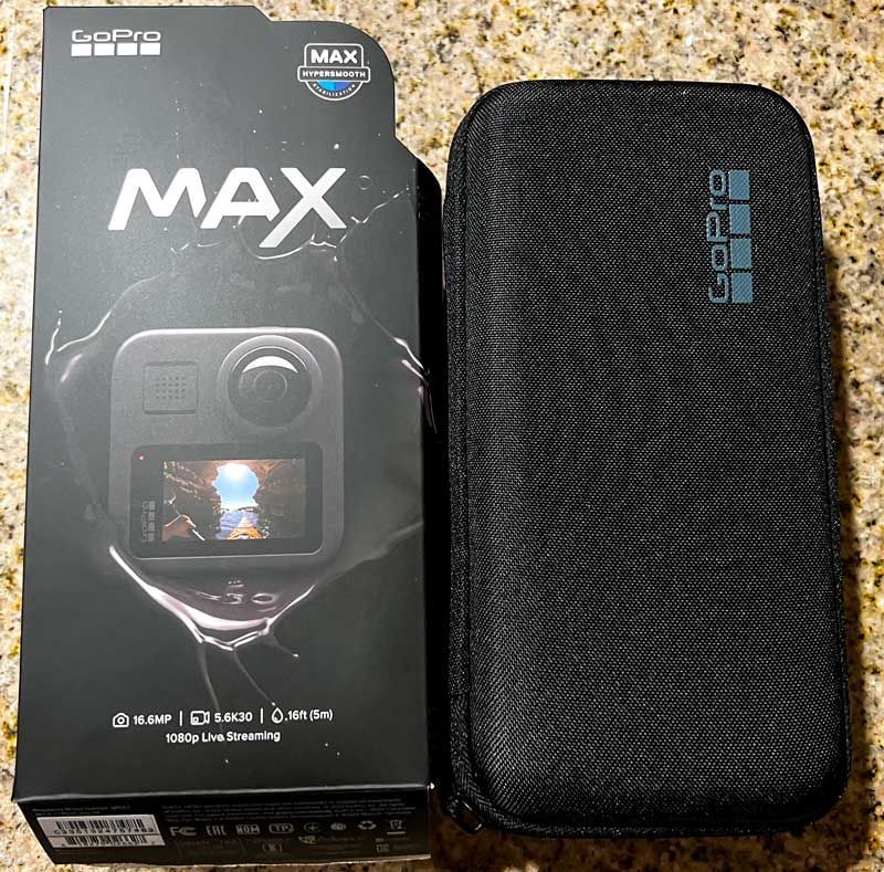 GoPro Max in a box next to the case that it comes in