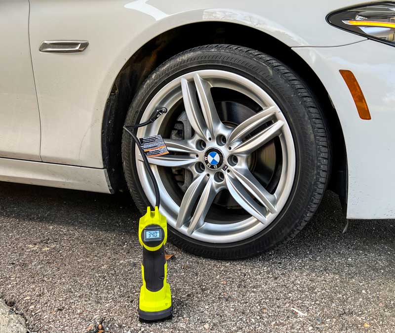 Ryobi tire inflator size comparison next to a 19