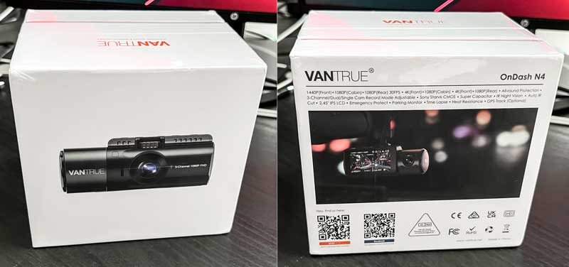 vantrue n4 dash cam in the box front and back