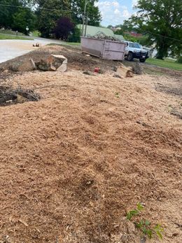 A pile of wood chips in a yard with a dumpster in the background.