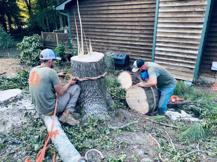 Two men are working on a tree stump in front of a house.