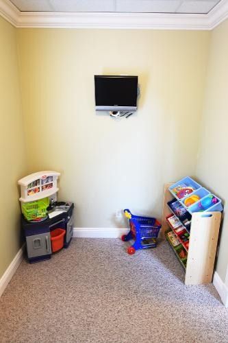 A child 's room with toys and a flat screen tv