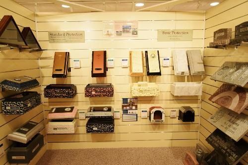 A room with lots of boxes on the wall and shelves