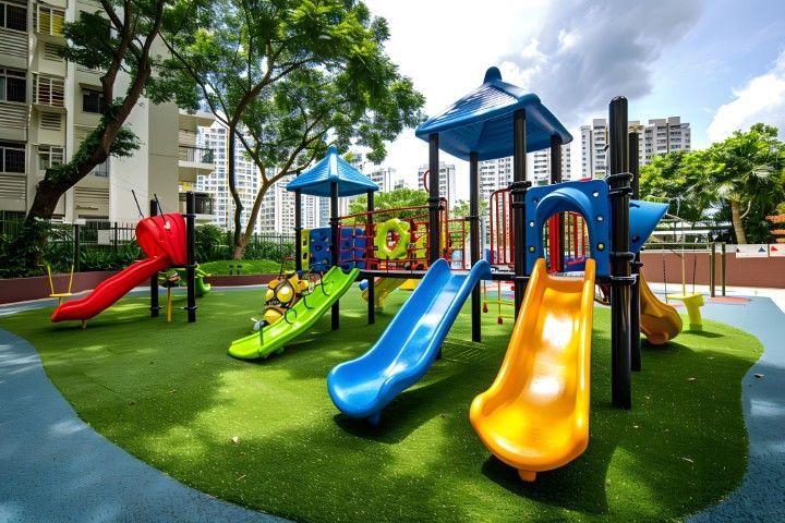 Colorful playground with slides and structures, set on artificial turf, with apartment buildings in the background.