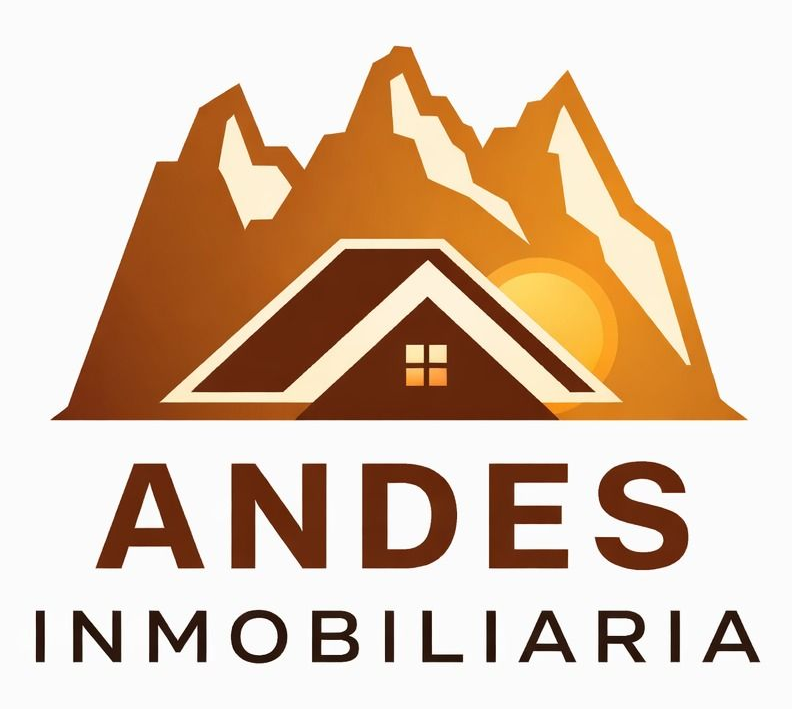 Logotipo de Andes Inmobiliaria con picos de montaña, silueta de casa y amanecer en marrón y naranja.