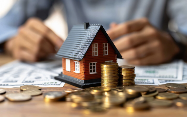 Casa en miniatura sobre monedas apiladas con billetes dispersos, que simboliza una hipoteca o una inversión inmobiliaria.