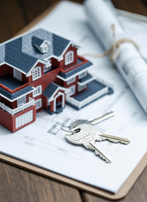 Casa modelo y llaves en un plano, sugiriendo la compra de una vivienda o la adquisición de un inmueble.