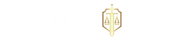 Gold emblem with a shield, scales of justice, and a sword, likely representing a legal firm.