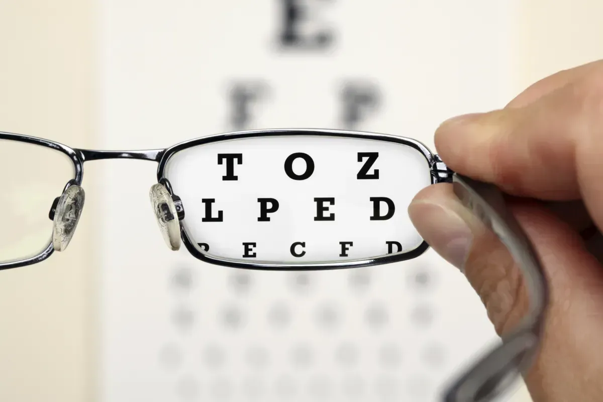 A person is holding a pair of glasses in front of an eye chart.