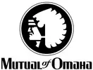 A black and white logo for mutual of omaha with an indian head in a circle.