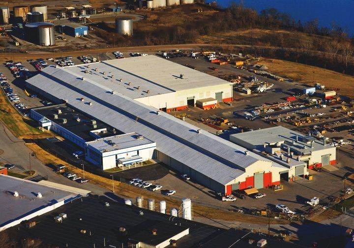An aerial view of a large industrial area with lots of buildings