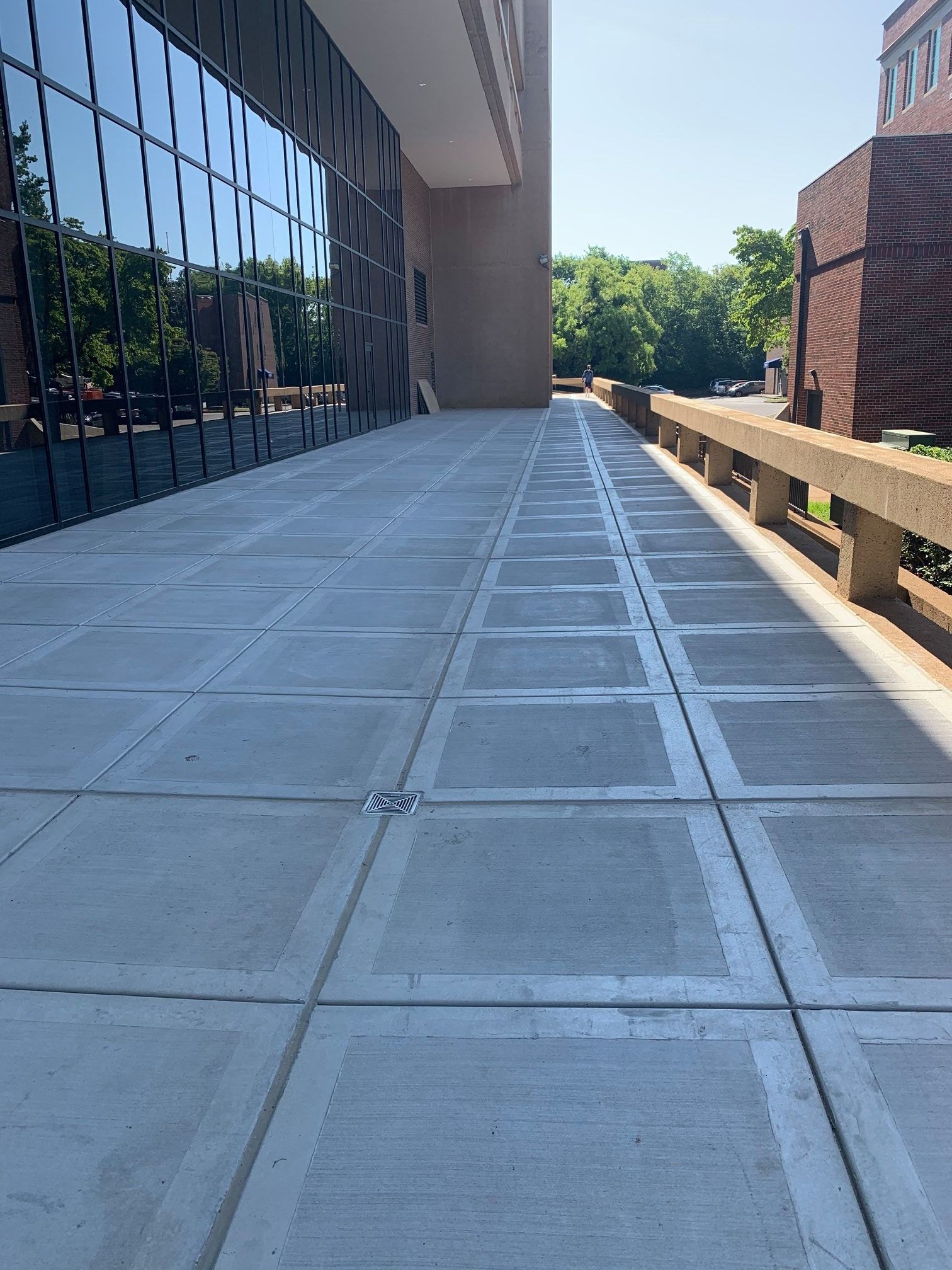 A concrete walkway leading to a building with a lot of windows.