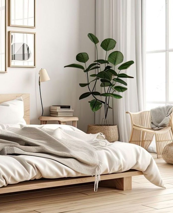 A bedroom with a bed , chair , nightstand and plant.