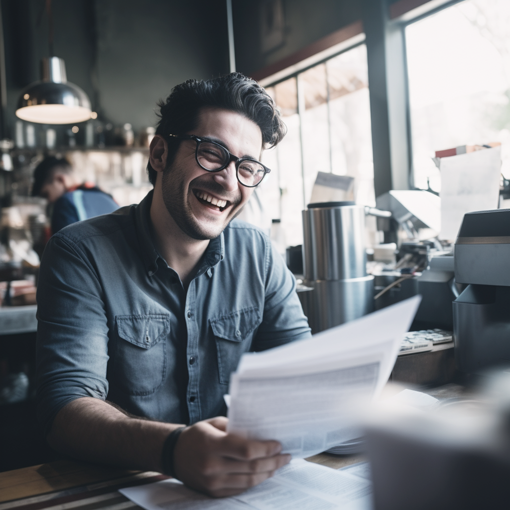 A happy business owner looking over paperwork