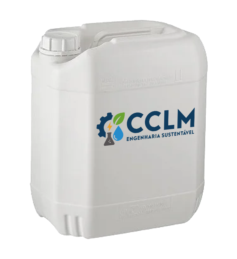 Recipiente plástico branco com logotipo do CCLM: engrenagem, folha, gota d'água. Texto 