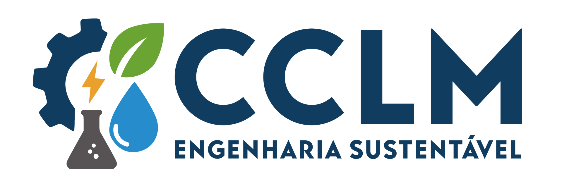 Logotipo da CCLM Engenharia Sustentável: símbolos de engrenagem, folha, gota d'água, frasco e raio com texto.