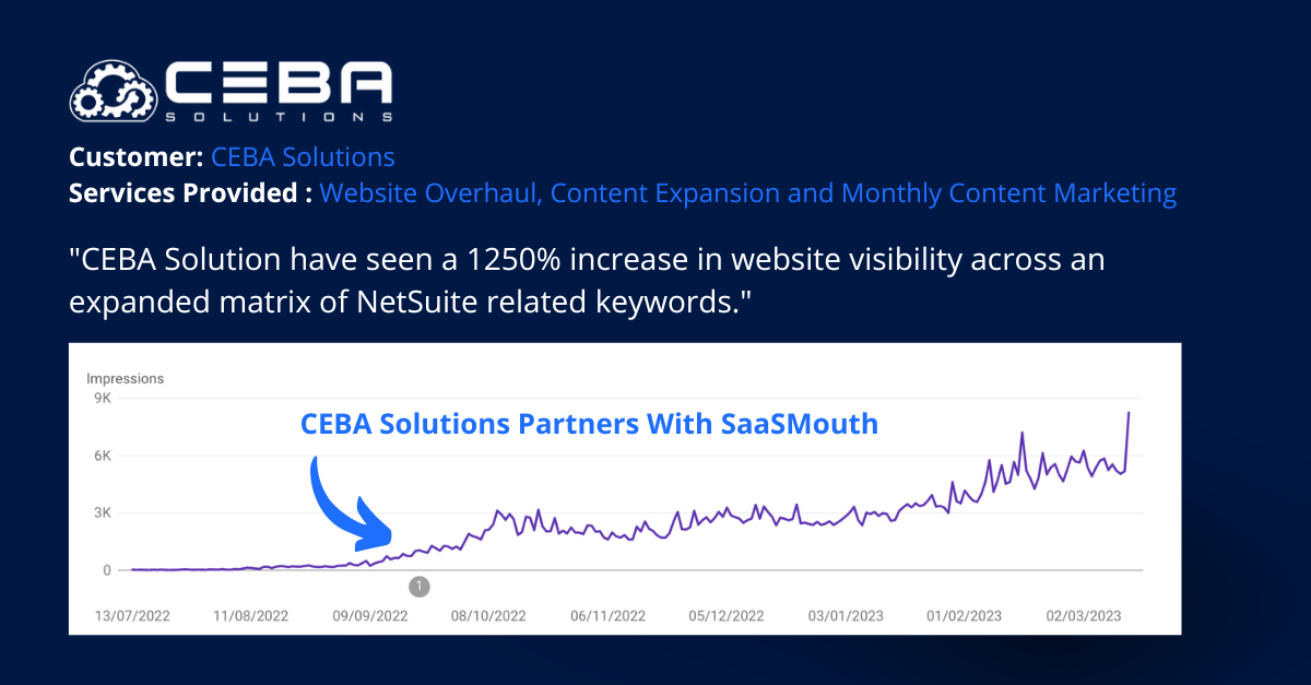 A graph showing a increase in website visibility across an enhanced matrix of netsuite related keywords