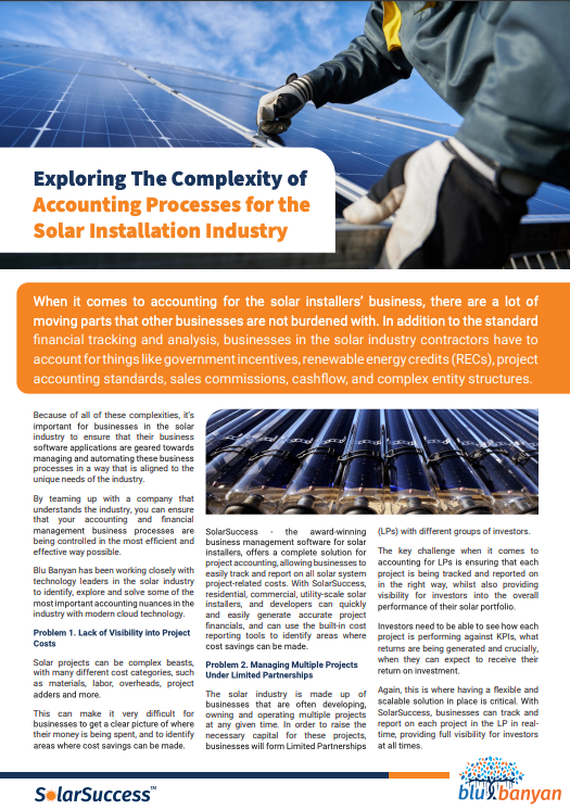 A brochure about exploring the complexity of accounting processes for the solar installation industry.