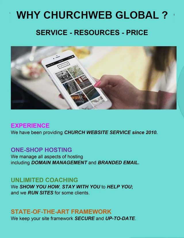 Why Churchweb Support? Experience, One-shop hosting, Unlimited coaching, State-of-the-art framework