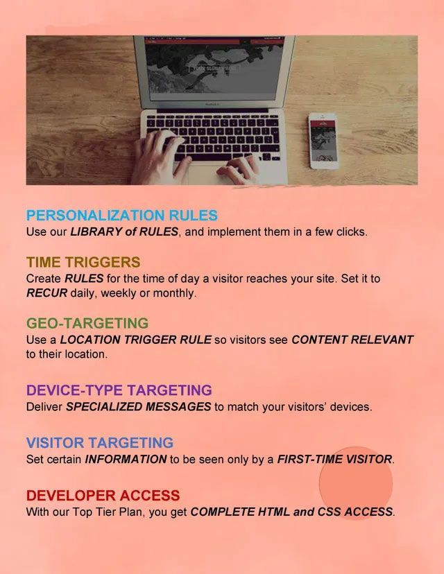 Why Churchweb Support? Personalization rules for our top tier plan, Time triggers, Geo-targeting, Device-type targeting, Visitor targeting, Developer access